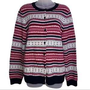 Talbots lambs wool blend red and black striped button up sweater
